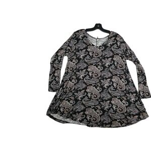 Popana Women's Size 1X Black‎ Paisley Print Dress Made In USA Long Sleeve